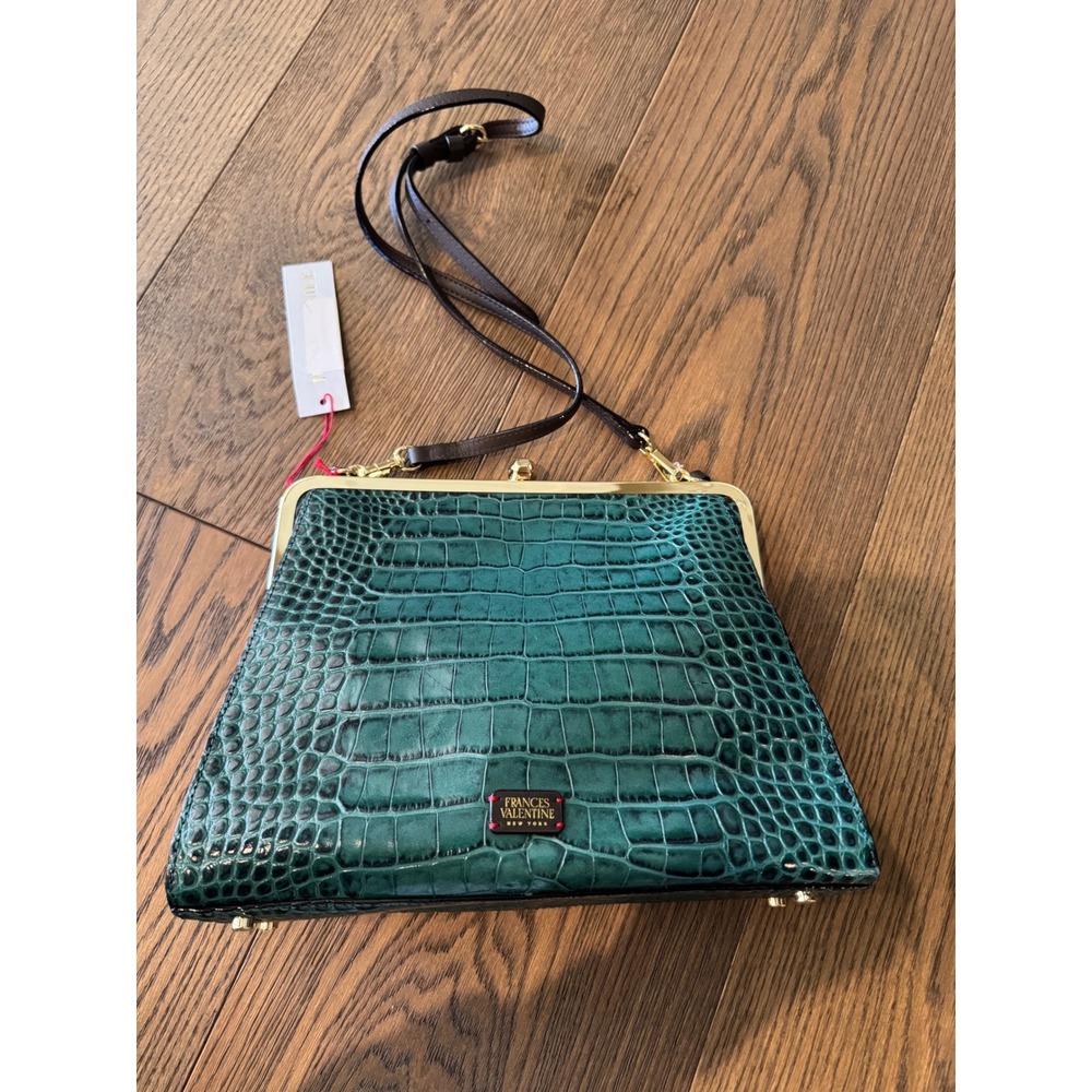 Frances Valentine Jackie Frame Bag Jade Green Croc Embossed Leather Crossbody